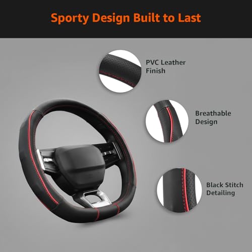 Image of Amazon Basics Leather Steering Wheel Cover (Medium - 38 cm) | Breathable, Non-Slip Polyvinyl Grip with Sporty Black Stitching & Easy Installation (Black and Red)