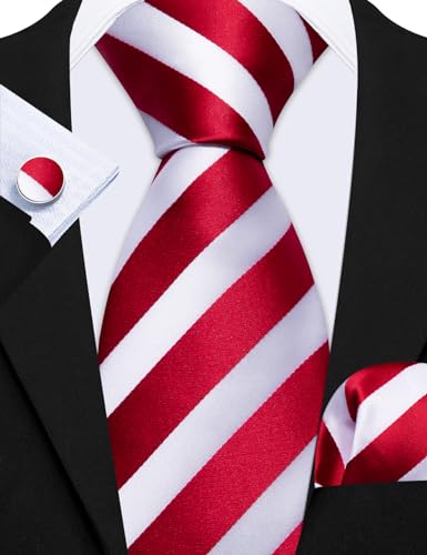 Image of Barry.Wang Tie Sets for Men Silk Stripe Necktie Woven Checkered Handkerchief Cufflinks Formal Business Wedding