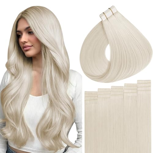 Full Shine Hand Tied Tape in Extensions 14 Inch Color 1000 Blonde Straight Invisible Hair Extensions Real Human Hair Tape in 20PCS Brazilian Seamless Natural Genius Weft 40g for Wedding