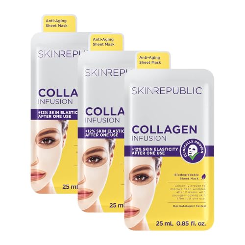 Skin Republic Collagen & Vitamin E Infusion Sheet Mask | Helps with Fine Lines & Wrinkles | For Younger-looking Skin | Made in Korea (Pack of 3)