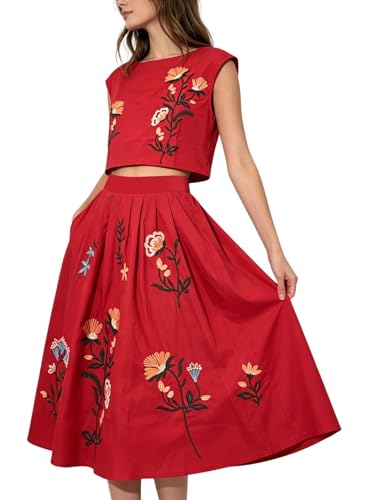 Image of Women Floral Embroidery Dress Sleeveless 2 Piece Tank Top and Skirt Loose Fit Boho Dress