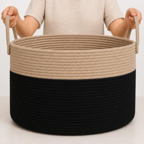 Image of OrganiHaus Round Toy Basket & Blanket Basket, Cotton Rope 20x13 inch | Black / Honey - Round Cotton Rope Basket, 20x13 inch