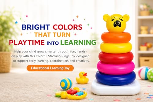 Image of Pyramid Ring Stacking Toy for Babies with Bear Topper | Colorful Rainbow Rings | Educational Learning Toy for Kids 1-3 Years | Includes 1 Stacking Base, Rings, 1 Bear Topper (Multicolor, 5 Ring)