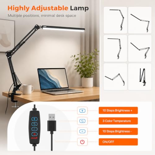 Image of One94Store Overhead LED Desk Lamp with Clamp | 360 Adjustable Swing Arm Table Light, 3 Color Modes & 10 Brightness Levels, Eye-Caring Reading Lamp with Memory Function for Study, Office & Home, Black