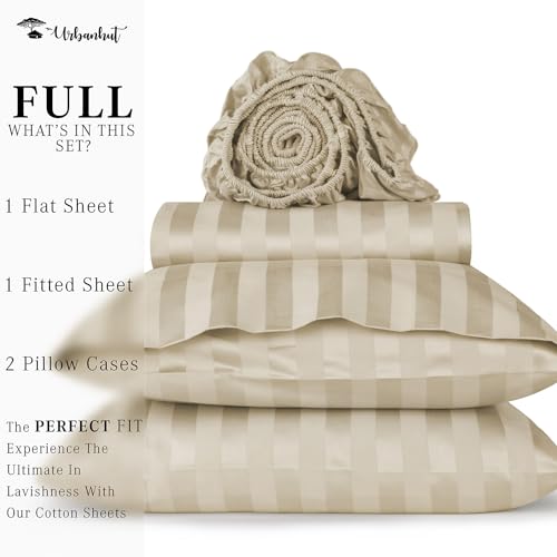 URBANHUT 800 Thread Count Egyptian Cotton Damask Striped Full Size Sheets Set (4 Pc) - Ultra Soft & Smooth, Sateen Weave Full Size Bed Sheets, Luxury Hotel Sheets with 16" Deep Pocket - Ivory