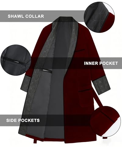 Image of Men's Long Velvet Smoking Jacket Smoking Robe with Belt Shawl Lapel Quilted Dressing Gown