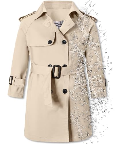 Image of Betusline Boys Waterproof Trench Coat Rain Jackets Double Breasted Lightweight Classic Belted Outwear Jacket Dress Coats, 1# Beige, 9-10 Years