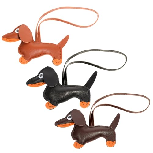 Lusofie 3 Stück Leder Dackel Schlüsselanhänger Set Taschenanhänger Tasche Welpe Hundetasche Anhänger Bag Charms Hundeförmiger Tierisch Keychain Süßes Hund Deko Dackel Geschenke Für Frauen Männer