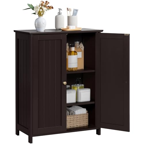 Image of Yaheetech Bathroom Floor Cabinet, Modern Storage Freestanding Organizer Cabinet with Adjustable Shelves & Double Doors, 3-Tier Home Living Room Furniture, Espresso