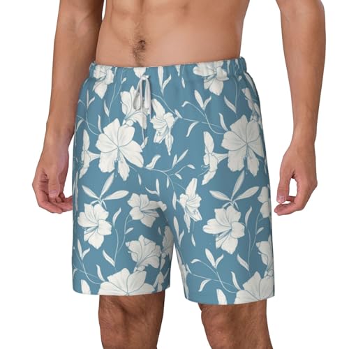 Lilies Flowers Light Blue Funny Men's Swim Trunks Board Shorts Quick Dry-2