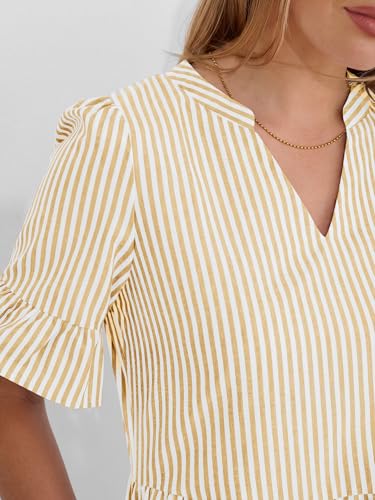 Image of Caracilia Dresses for Women Summer 2026 Striped V Neck Ruffle Sleeve A Line Tiered Flowy Casual Mini Beach Dress with Pockets