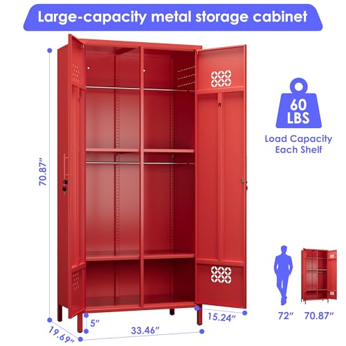 Image of Aobabo Metal Wardrobe Closet with 2 Doors, Metal Wardrobe Cabinet with 4 Adjustable Shelves and 2 Hannging Rods, Storage Locker for Home, Red, Assembly Required