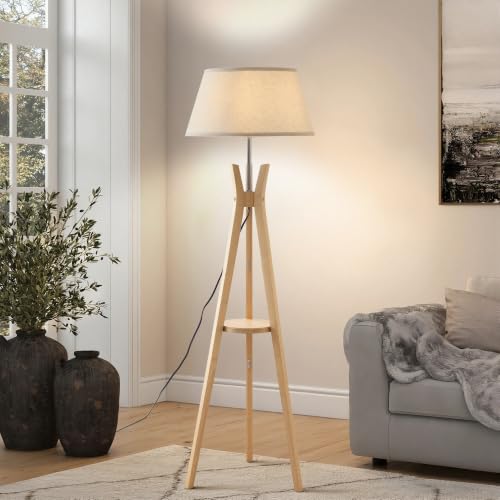 Image of Tripod Floor Lamp with Shelf, Modern Corner Lamp for Living Room | Mid Century, 59'' Tall, Bamboo Standing Lamp for Bedroom, for Office, Linen Shade, E26 Base, Natural