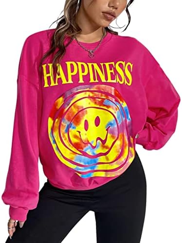 MISSACTIVER Women’s Letter Graphic Print Sweatshirt Loose Long Sleeve Round Neck Drop Shoulder Fleece Casual Pullover Hot Pink