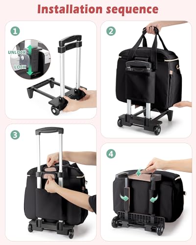 Rolling Teacher Bag with 15.6" Laptop Compartment & Accordion File Organizer, Wheeled Work Briefcase Tote with Detachable Trolley for Women, Black