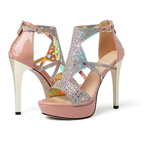 Eldof Women's Open Toe High Heels Platform Sandals, Strappy High Heeled Sandals With Rinestones, Cutout Gladiator Heels For Dress Party Evening Summer Patent Beige Us 9 #TOP1
