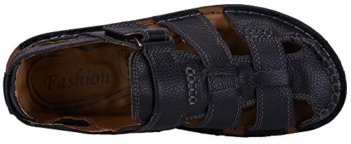 JIONS Closed Toe Leather Fisherman Sandals for Men Men's Casual Outdoor Adjustable Strap Summer Shoes (40/7.5 D(M) US, B/Black)