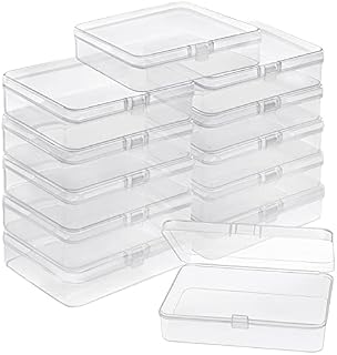 BELLE VOUS Small Clear Plastic Storage Box Containers with Hinged Lid (12 Pack) - L11.2 x W8.3 x H2.8cm / 4.41 x 3.27 x 1.10 Inches - Mini boxes for Pills, Beads, Jewellery & Craft Items