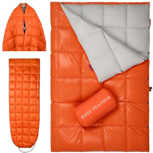 ROSE FEATHER Down Camping Blanket, Lightweight Outdoor Travel Blanket, Puffy Sleeping Bag Blanket, Waterproof Packable Backpacking Quilt for Camping,Travel, Airplane,Hiking,Picnic, 55''x79'' (Orange)