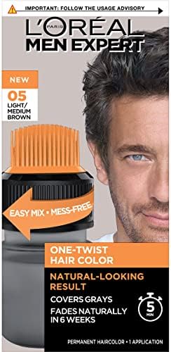 L’Oreal Paris Men Expert One Twist Mess Free Permanent Hair Color, Mens Hair Dye to Cover Grays, Easy Mix Ammonia Free Application, Light Medium Brown 05, 1 Application Kit