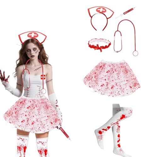 Atsmoce Halloween Kostüm Krankenschwester, Horror Krankenschwester Kostüm, Horror Blutige Nurse Costume mit Zubehör und Narbenaufklebern, passend für Halloween, Kostümpartys und Cosplay