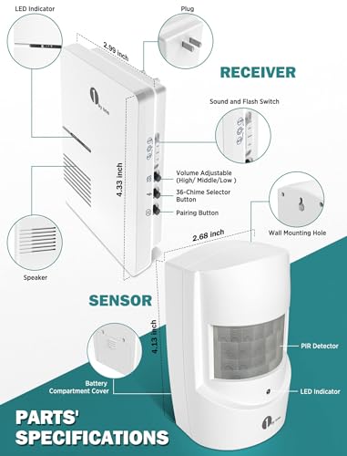 1Byone 6-O00QH-0499 Driveway Alarm, Home Security Alert System With 36 Melodies, 1 Plug-In Receiver And 2 Weatherproof Pir Motion Detector thumb #5