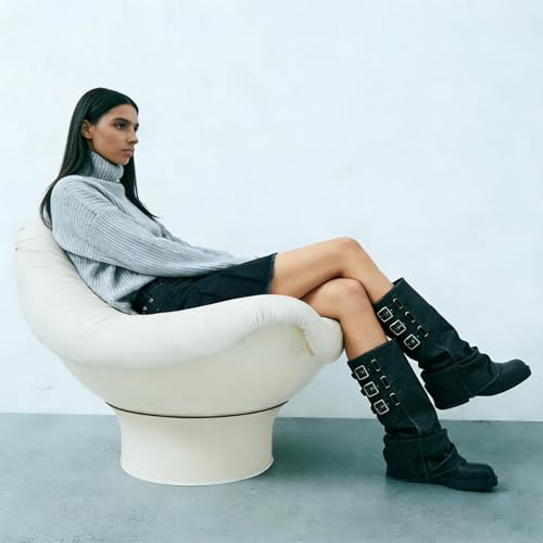 Image of ClassicSter Fold Over Knee High Boots Slouch Boots for Women Chunky Goth Platform Boots,2 inch Heel Wide Calf Long Boots Square Toe Riding Boots