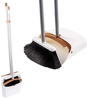 Jekayla Long Handled Dustpan and Brush, Broom and Dustpan Set, Household Dust pan Combo with 54 Inch Handle for Indoor Outdoor Household Cleaning and Sweeping (Brown-White)