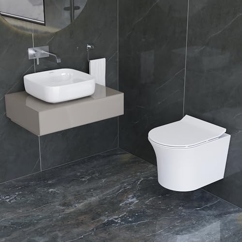 Image of Plantex Platinum Ceramic Rim Wall Mount Commode with Wash Basin for Bathroom /P Trap Washdown Flush Commode with Toilet Seat Cover /Tabletop Basin - White (Combo)