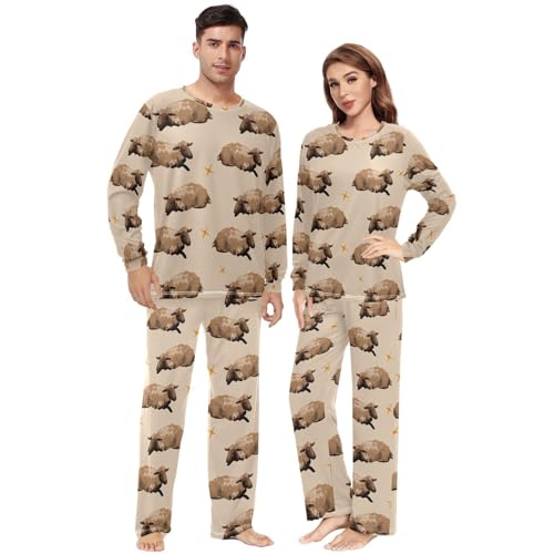 Watercolor Sheep Pjs Sets for Women Men Pajama Set Long Sleeve Pajamas for Women Set 2 Piece withPocket Size XXS-XXL