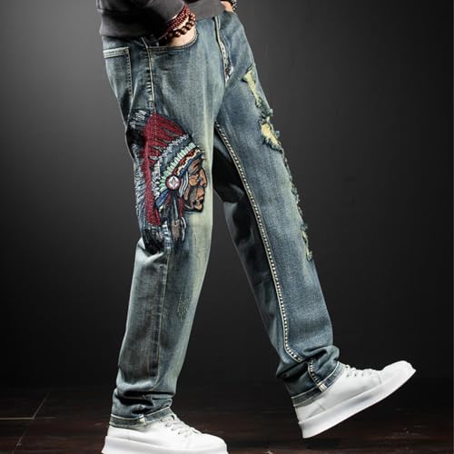 Mens Embroidered Dragon Jeans Vintage Straight Leg Distressed Denim Pants 28-444