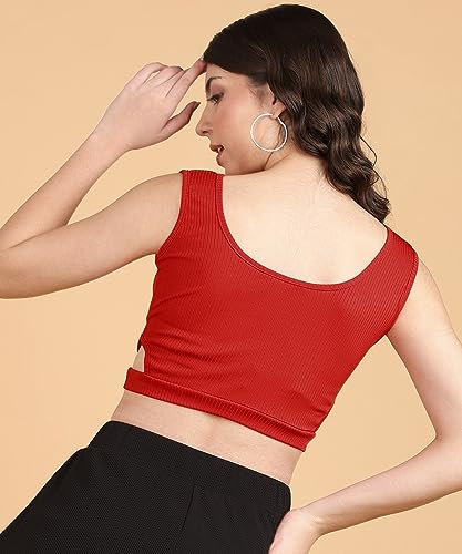 Image of POPWINGS Women Casual Rust Self Design Rib Deep V Neck Sleeveless Cutout Crop Top | Women Tops | Women Regular Tops | Women Tops | Women Stylish Tops