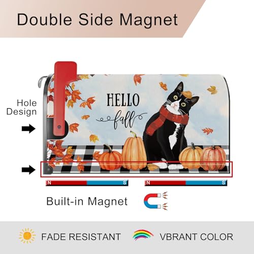 Image of Hello Fall Cat Pumpkin Maple Leaf Mailbox Cover Magnetic Standard Size 21x18 Inch Fall Autumn Decorative Post Letter Box Wrap Decor Garden Yard Decoration