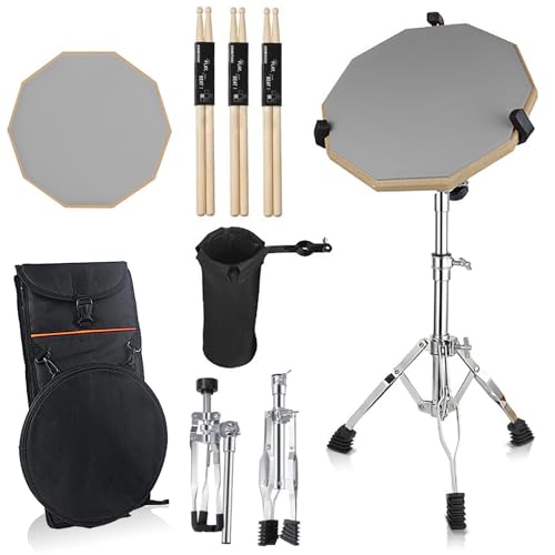 Drum Practice Pads with Drum Pad Stand - 12in Mute Double Sided Silent Snare Drum Practice Pad Kit with 3 pairs Drumsticks Drumstick Holder Storage Bag Adjustable Stand for Beginner (Gray)