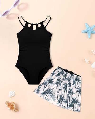 Image of Redair Girls Swimsuit One Piece Swimwear with Tropical Printed Cover Up Skirt Girls Bathing Suits Set 7-16 Years