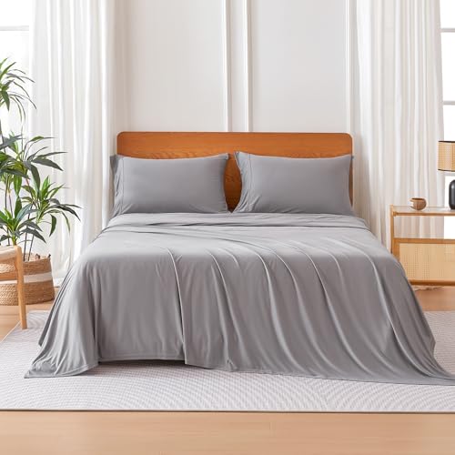 Image of Amazon Basics Jersey Knit 4-Piece Sheet Set, Wrinkle Free and Easy Fit, Includes 16 inch Deep Pocket Fitted Sheet, 1 Flat Sheet and 2 Pillowcases, Queen, Gray
