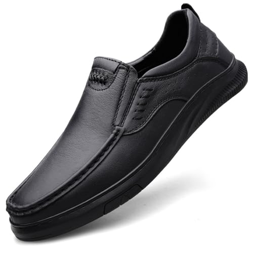 Mens Moccasin Leather Lightweight Slip-On Dress Loafers Round Toe Non-Slip Low Top Loafers Shoes for Walking Outdoor Driving Hiking