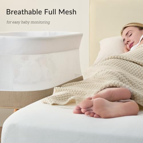 Image of VaVaSoo Automatic Rocking Bassinet for Newborn, 3-Speed Electric Baby Bassinet with White Noise & Lullabies, Portable Baby Bedside Sleeper with Battery Power, Brownish-Yellow