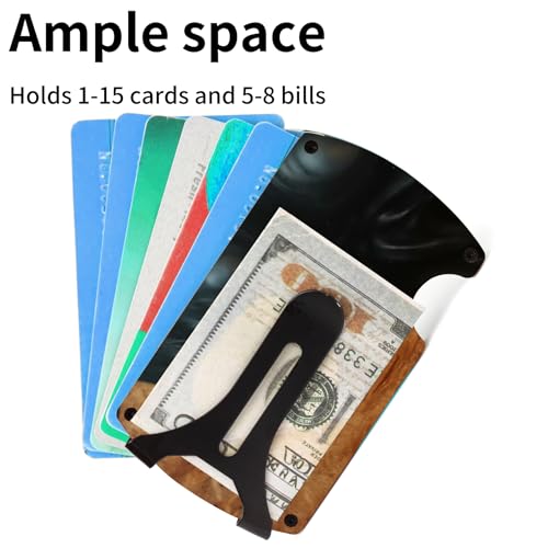 Image of Minimalist Wallet for Men, Slim Metal RFID Blocking Wallet Credit Card Holder Money Clip & Cash Strap, Scratch-Resistant Holds 15 Cards,Ideal Gift for Men | Resin Wood, Unique Pattern,Black