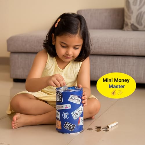Image of Market99 Round Money Bank | Blue Tin Coin Bank with Glossy Finish & Quote Pattern | Durable Piggy Bank for Kids & Adults | Fun Savings Box for Home, Desk, Office Decor & Gift Purpose