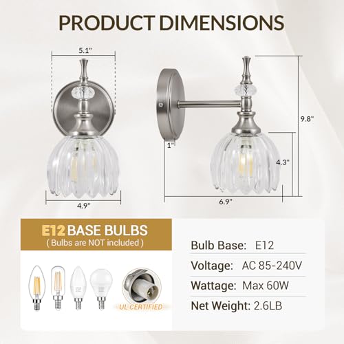Image of ANDY STAR 1-Light Brushed Nickel Bathroom Vanity Light, Transitional Sconce | Ribbed Glass & Crystal Accent, Damp-Resistant, Heat-Resistant E12 Base, Reversible Up /Down Mounting