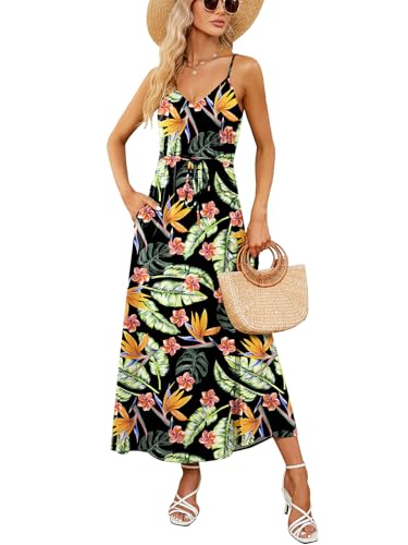 Image of HUSKARY Womens Summer Sleeveless V Neck Spaghetti Strap Pockets Beach Boho Vacation Casual Spring Maxi Dress