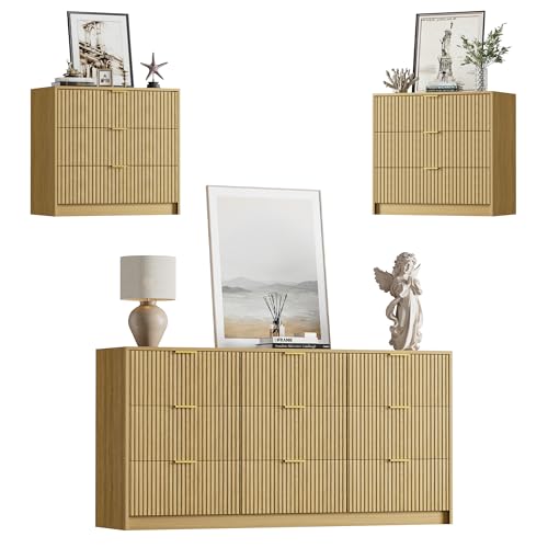Image of Furniway 3 Piece Bedroom Set, 9 Drawer Dresser and 3-Drawer Nightstand Set of 2 with Gold Handles, Mid-Century Modern Wood Chest of Drawers Storage Cabinet for Bedroom, Natural Oak