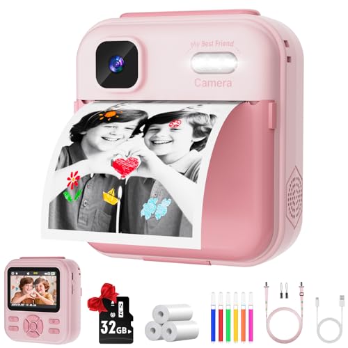 Image of Kids Camera Instant Print for Boys and Girls, 48MP HD Cameras w /1080P Video, Print Paper, 32GB Card, Brush, Christmas Birthday Gifts Toys for Toddler and Teenagers Age 3-16 Years Old (Pink)