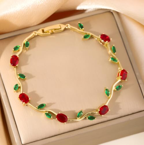 Image of Inites Fairy Bloom Floral Tulip Bracelet With Red Green Crystal Stones For Girls & Women | Elegant Anti Tarnish Golden Chain Link Floral Branches Bracelet Lightweight Jewelry For Daily Wear & Gifts
