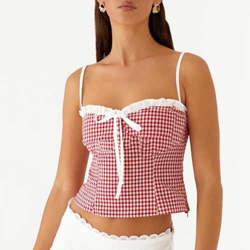 Womens Sexy Lace Trim Camisole Tank Tops Y2k Slim Fit Corset Going Out Streetwear Ruffle Spaghetti Strap Club Tops3