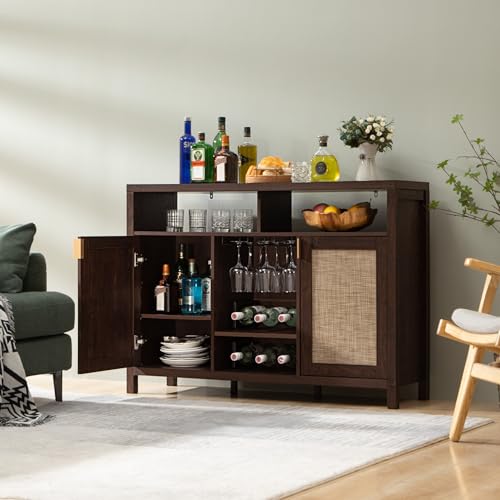 Sicotas SCEWA10005CH Rattan Coffee Bar Cabinet, 51 Inch Sideboard Buffet Cabinet With Storage, Farmhouse Liquor Cabinet With Wine Racks Credenza Console Buffet Table For Home Living Dining Room Entryway, Cherry thumb #4