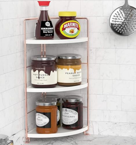 Image of Kitchen Organizer Rack | Corner Shelf For Kitchen | Bathroom Organiser Stand With 3-Tier Metal Frame For Storage & Display (RoseGold-3Tier-Triangle)