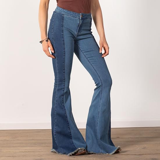 Two Tone Medium Wash Ladies Bell Bottoms with Frayed Detailing by Rock & Roll Denim