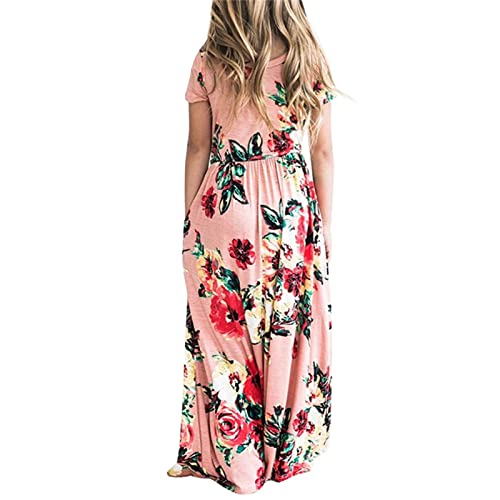 Generic Girl's Short Sleeve Floral Print Dress Loose Casual Long Maxi Dress with Pockets 4 to 12 Years3
